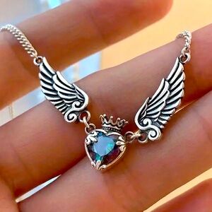 Aurora gemstone heart crown and wings necklace new gift love girlfriend wife